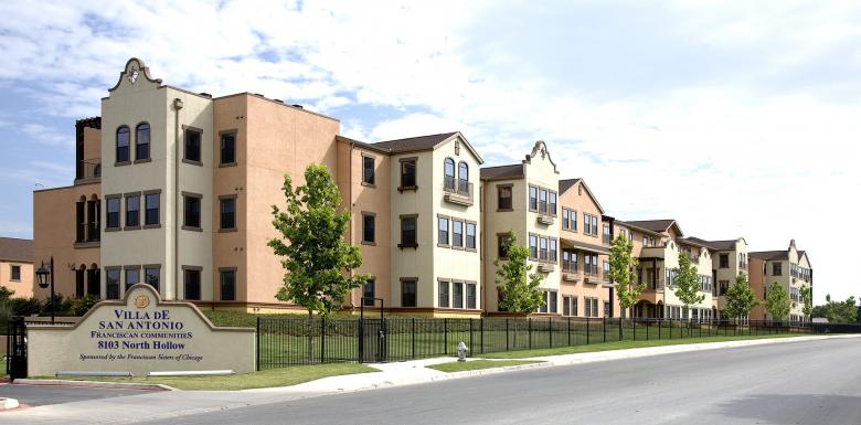 An architectural photo of the exterior of a senior living facility.